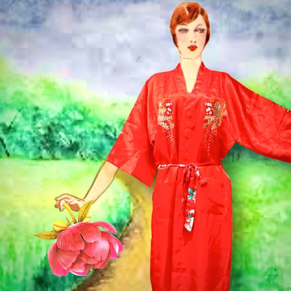 Vintage Red Satin Kimono Robe Embroidered Cranes Fans Floral Belted Long Gown - Picture 1 of 14